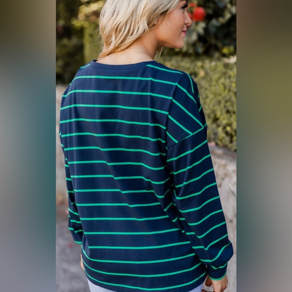 Pink Lily It’s a Deal Navy and Green Striped Knit Long Sleeve  Blouse - Picture 2 of 4